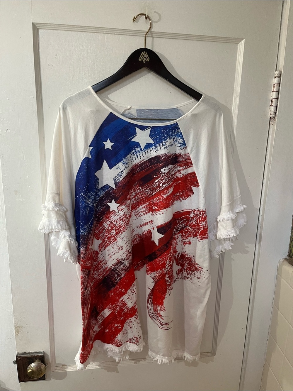 Patriotic Brushstroke American Flag T-Shirt W/ Fringe Trim Size 4XL EUC